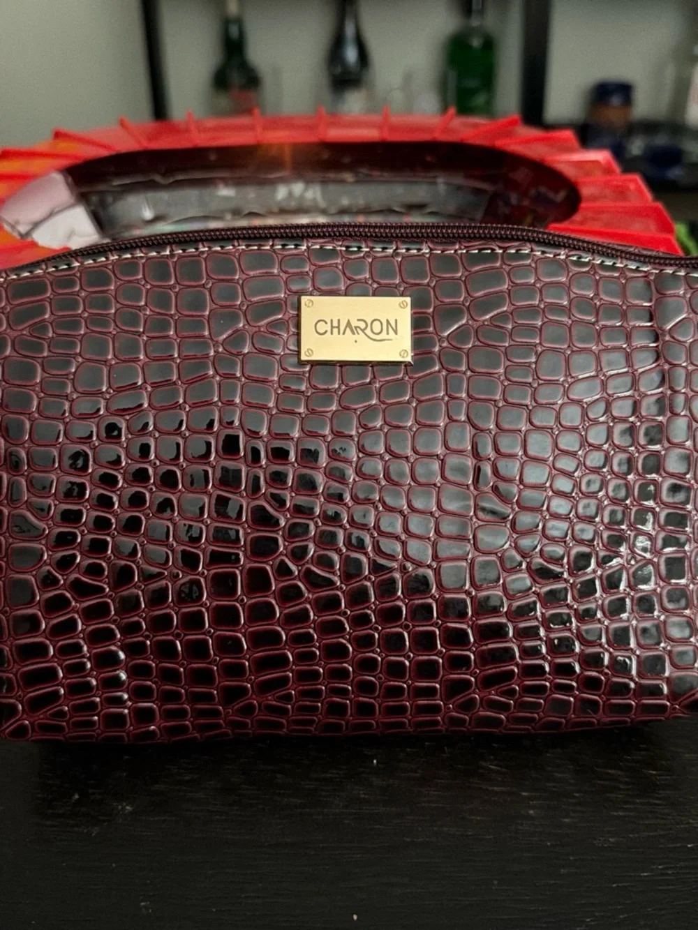 Women's Embossed Faux-Croc Cosmetic Bag in Deep Burgundy